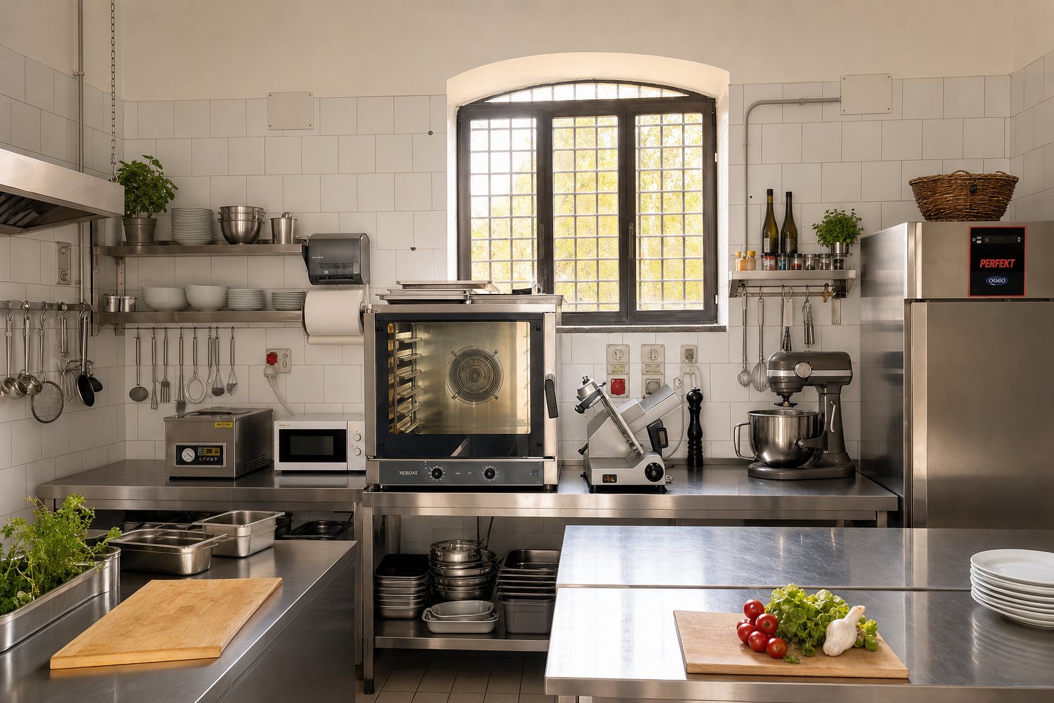 La cucina interna della villa, attrezzata e pronta, senza personale