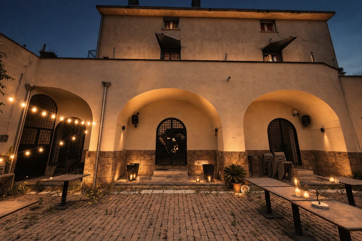 Il cortile della villa illuminato la sera, pronto per un evento privato