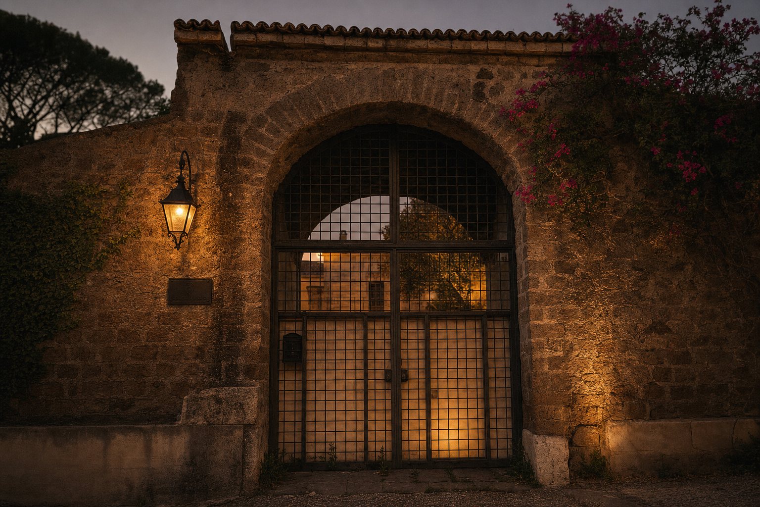 L'arco d'ingresso frontale della villa, con le lanterne in bronzo accese