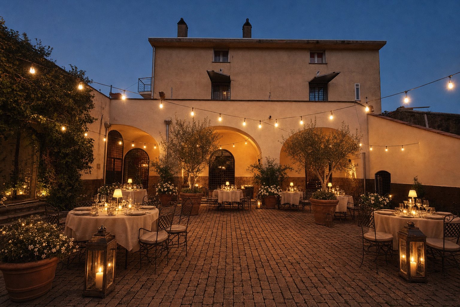 Il cortile e la facciata della villa apparecchiati la sera per un evento