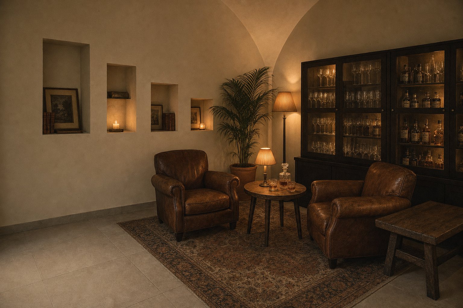 La cantina della villa con nicchie scavate e volta, a luci basse