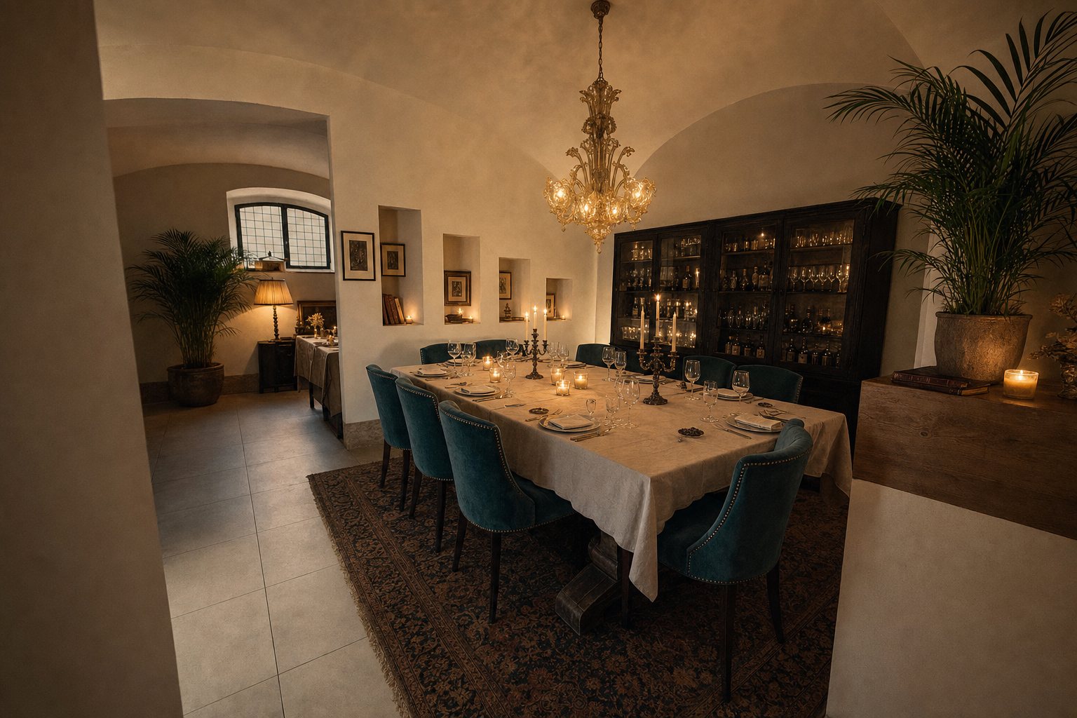 tavola apparecchiata per il ricevimento nella sala con volte antiche della villa a Marcianise