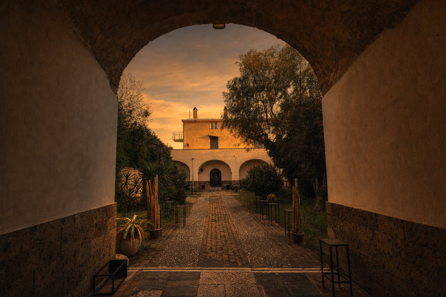 Dall'arco d'ingresso lo sguardo si apre sull'androne e sul cortile interno
