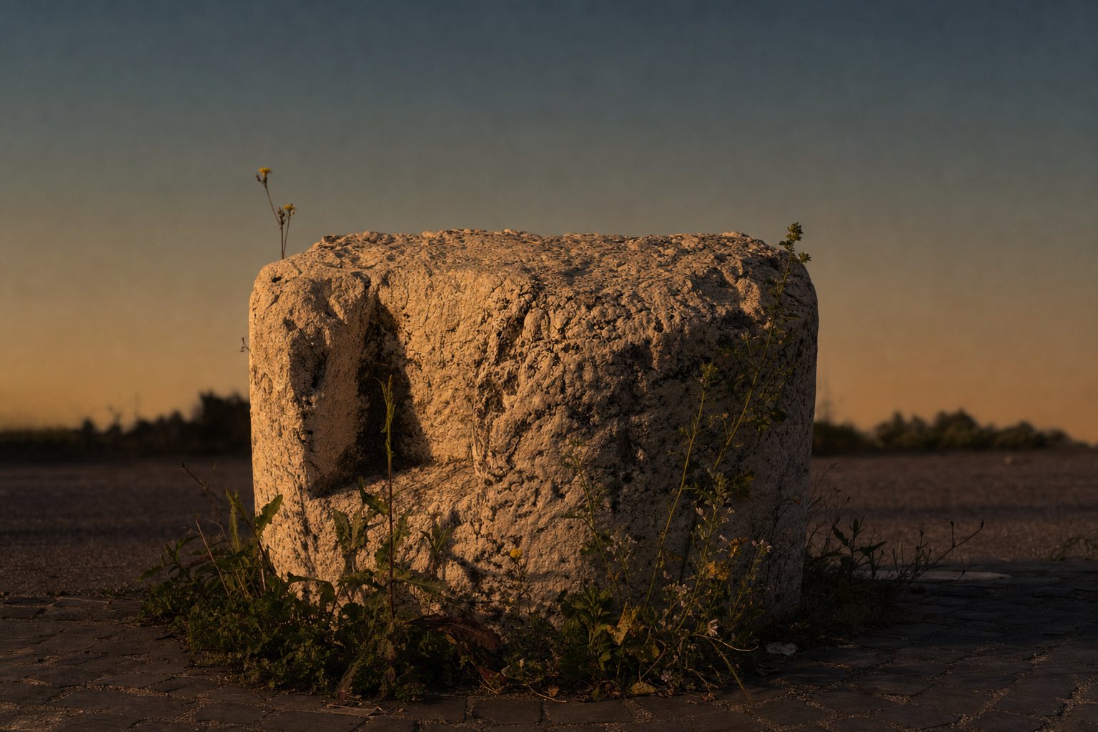 Il cippo romano in pietra, all'imbrunire, all'incrocio accanto alla villa