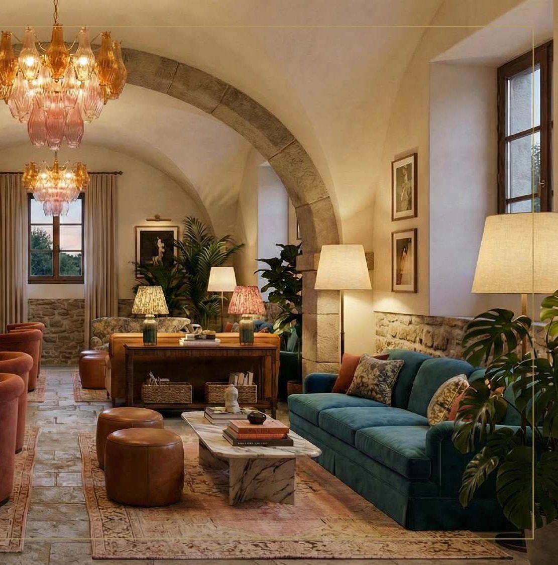 La sala con le volte antiche, a luci basse